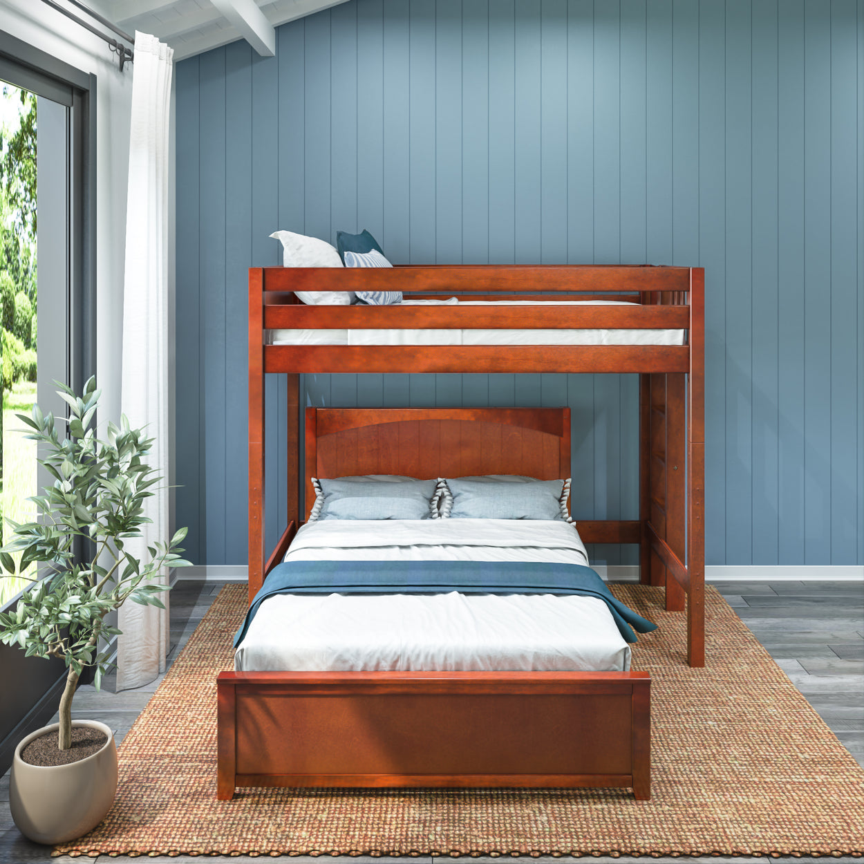Wooden bunk bed in modern bedroom with blue accent wall and natural light.