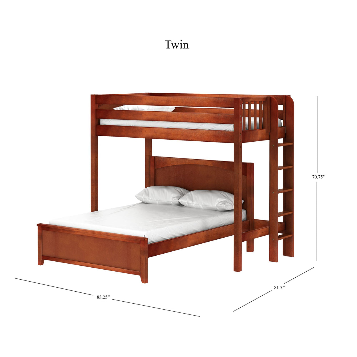 Wooden twin over full bunk bed with ladder and dimensions.