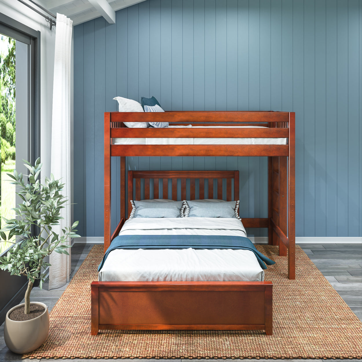 Wooden bunk bed in modern bedroom with blue accent wall and sunlight filtering through window.
