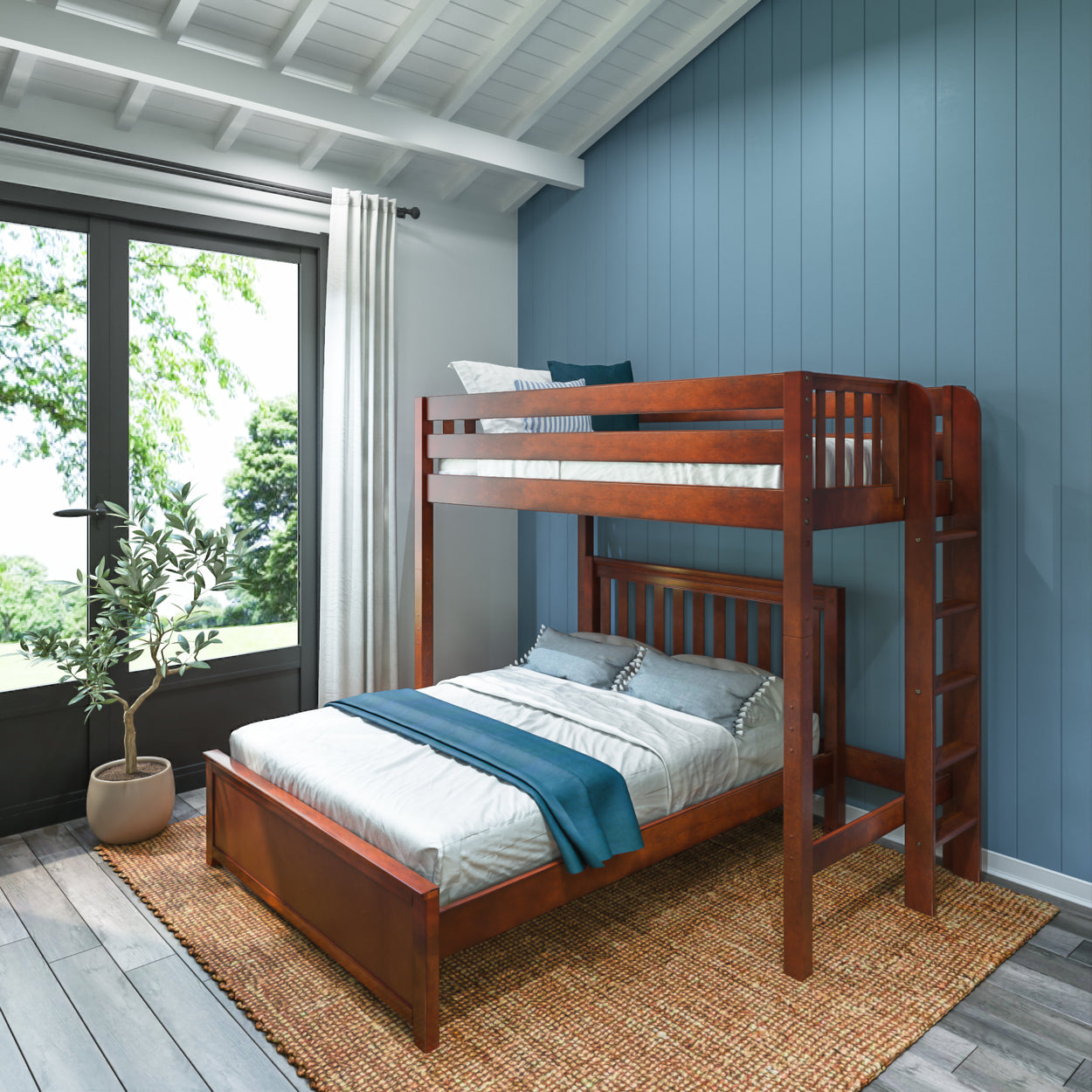 Stylish wooden bunk bed in a modern bedroom with blue walls and natural lighting.