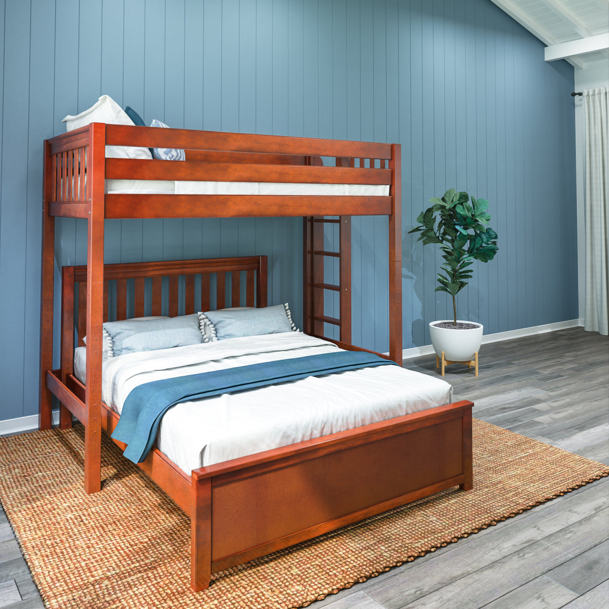 Stylish wooden bunk bed design in a modern bedroom with blue walls and a cozy ambiance.