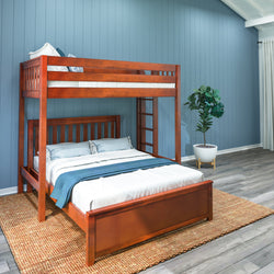 Stylish wooden bunk bed design in a modern bedroom with blue walls and a cozy ambiance.