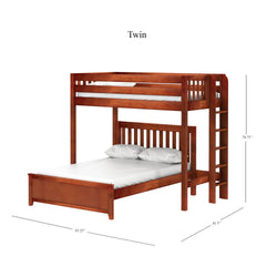 Twin over full wooden bunk bed with ladder and white bedding.