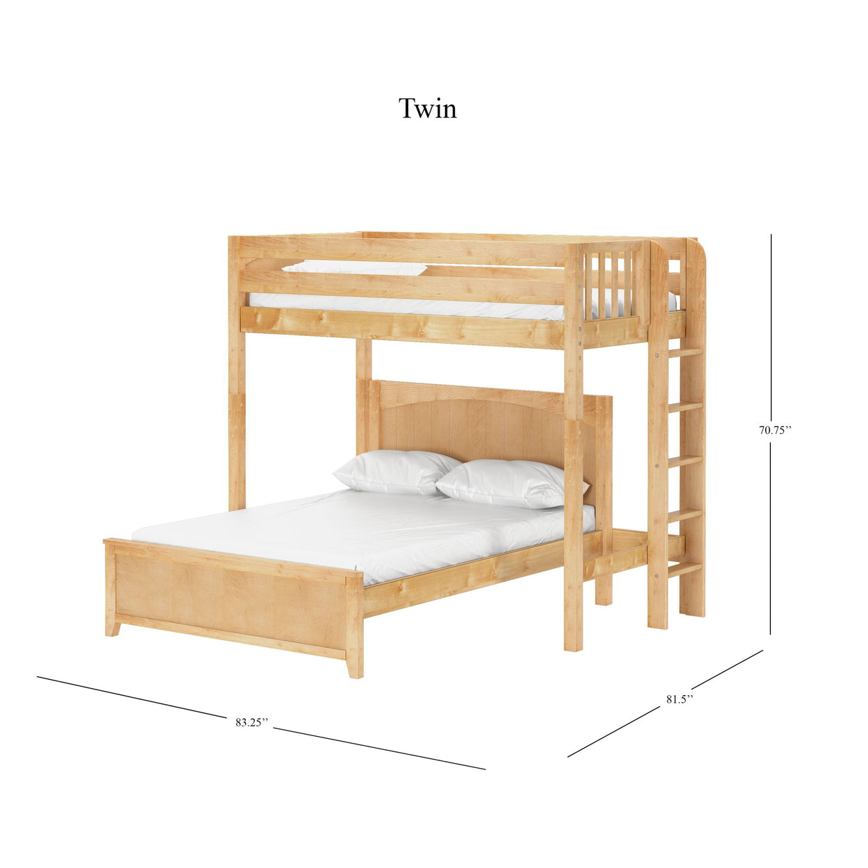 Wooden twin over full bunk bed with ladder and white bedding, dimensions included.