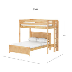 Wooden twin over full bunk bed with ladder and white bedding, dimensions included.