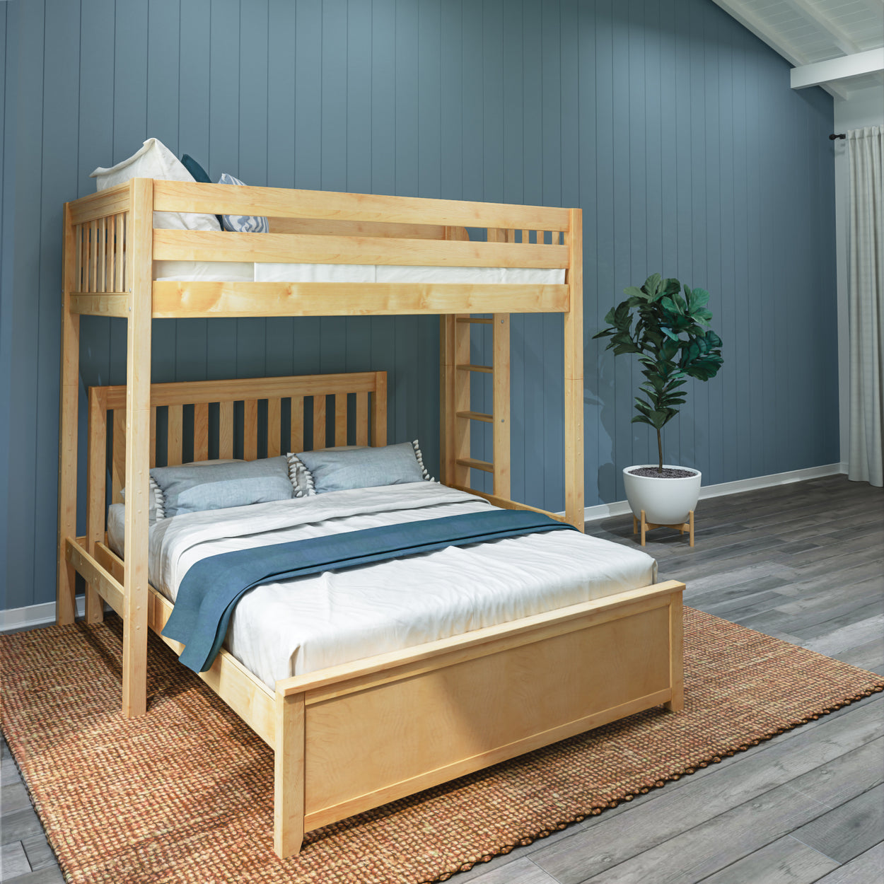 Wooden bunk bed in a modern bedroom with a blue accent wall and cozy bedding.