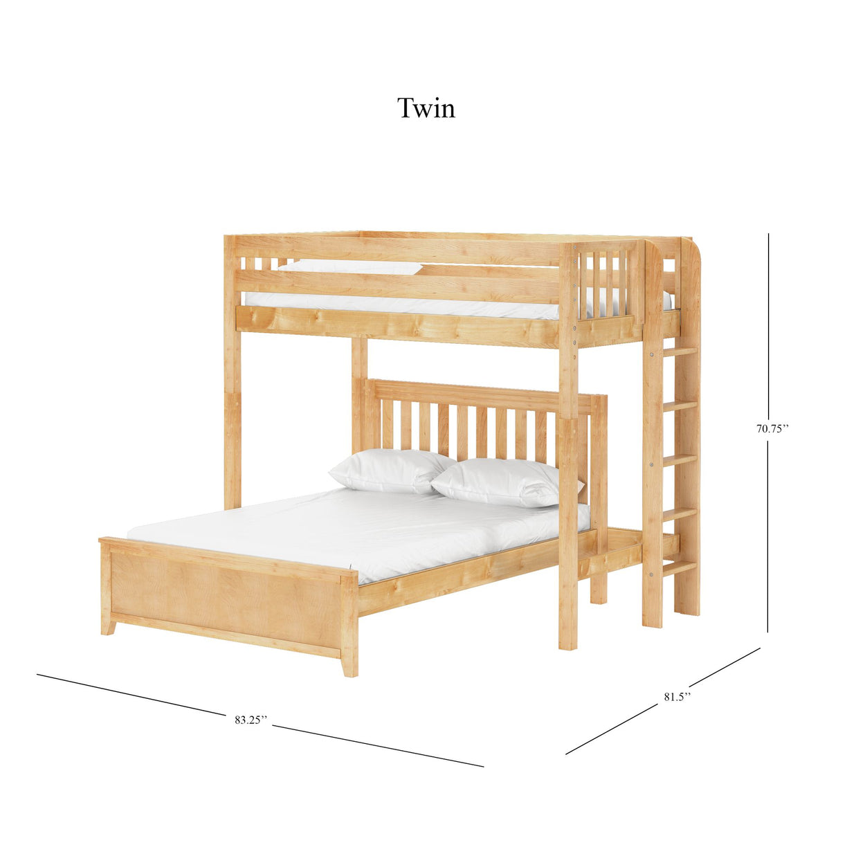 Wooden Twin Over Full Bunk Bed with Ladder and Dimensions Displayed for Optimal Space-Saving Bedroom Solution.