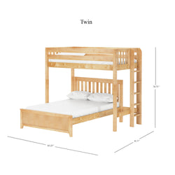 Wooden Twin Over Full Bunk Bed with Ladder and Dimensions Displayed for Optimal Space-Saving Bedroom Solution.