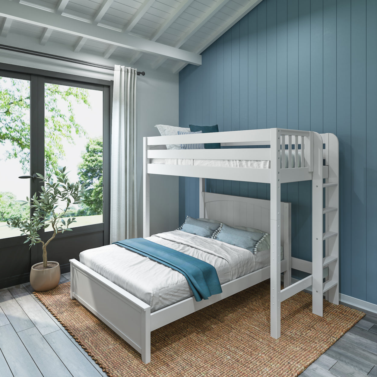 White wooden bunk bed in a modern bedroom with blue accent wall, large window, and indoor plant.