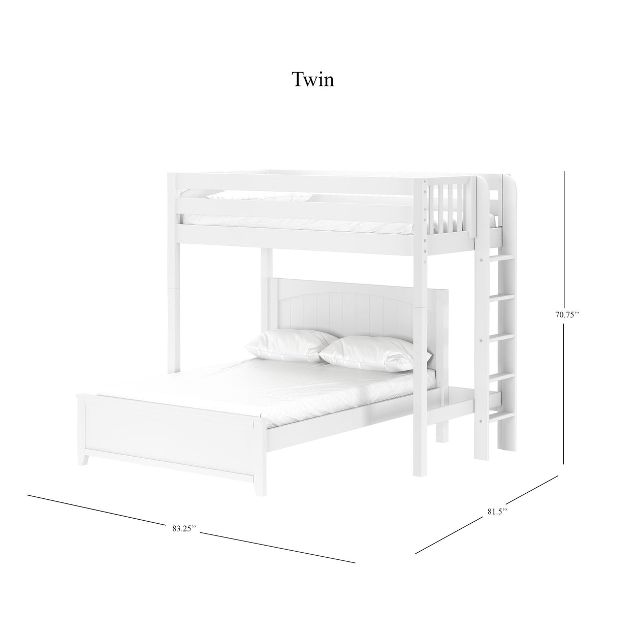 White twin bunk bed with ladder and mattresses, measuring 70.75 inches high, 81.5 inches wide, and 83.25 inches long.