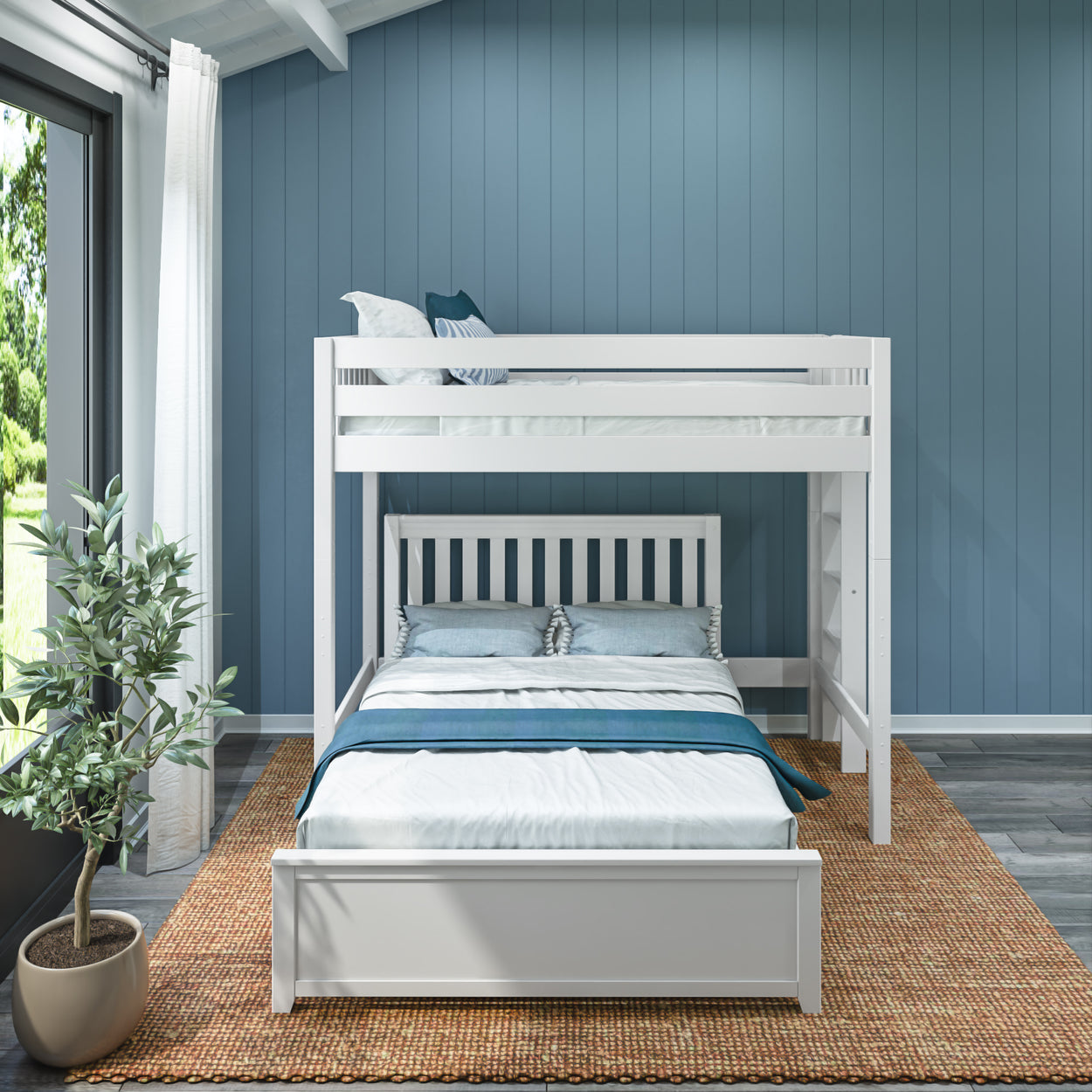 White wooden bunk bed in a modern bedroom with blue walls and natural light.