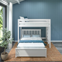 White wooden bunk bed in a modern bedroom with blue walls and natural light.