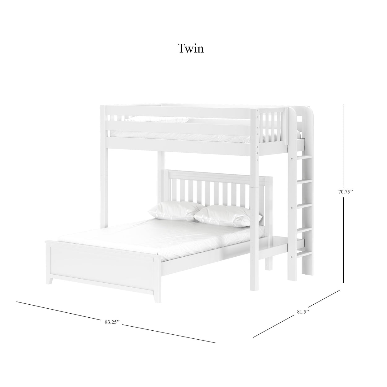 White twin over full bunk bed with ladder and pillow set, dimensions 83.25" x 81.5" x 70.75".