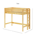 Twin loft bed in natural wood finish with built-in ladder and slatted guardrail, elevated slatted platform for mattress and open under-bed storage — 84 in L × 42.5 in W × 71 in H