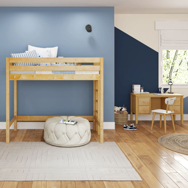 Kids bedroom with natural wood loft bed, blue accent wall, striped pillows, study desk, toys and light hardwood floors