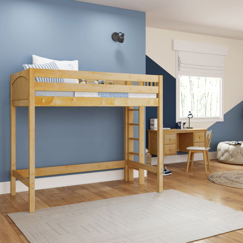 Natural wood loft bed with ladder and built-in desk in a modern children's bedroom with blue accent wall, white roman shade, hardwood floors and neutral rug