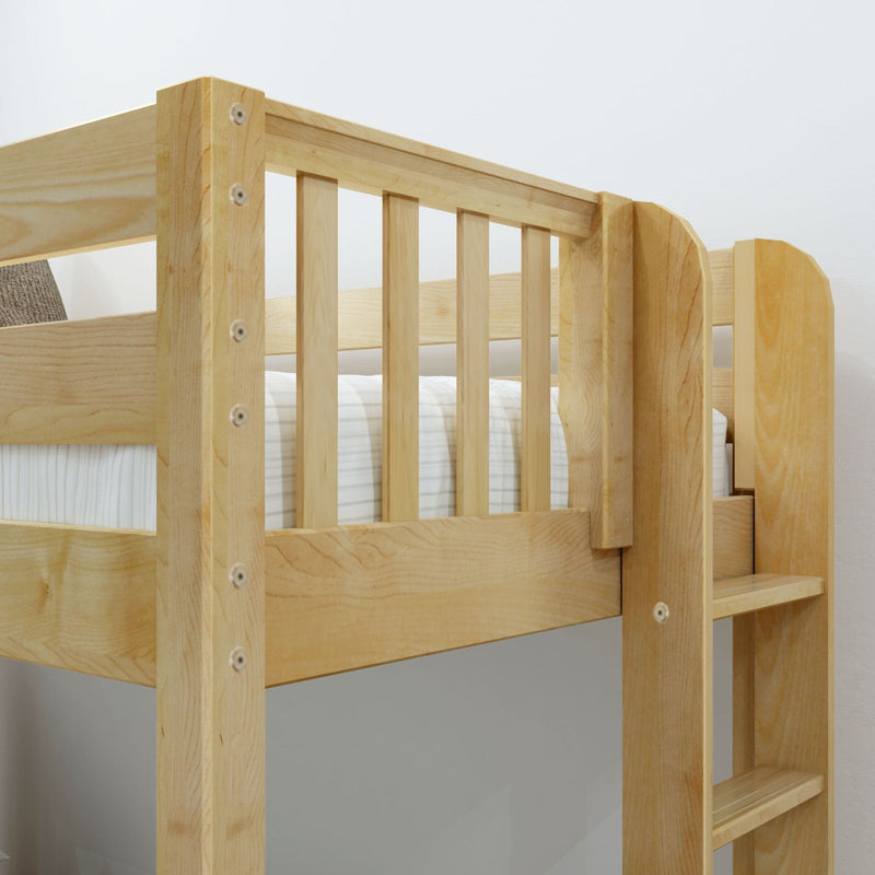 Close-up of solid maple bunk bed with natural wood finish, slatted safety guardrail and built-in ladder for kids' loft bed