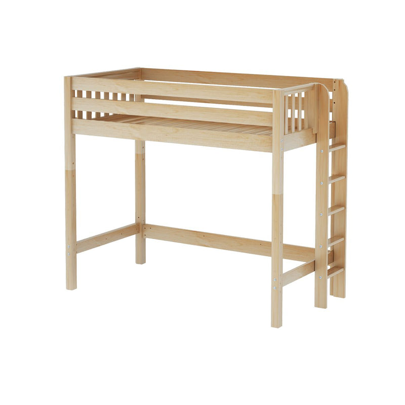 Natural pine twin loft bed with ladder and slatted safety rails — space‑saving kids' elevated bed with open storage or play area underneath