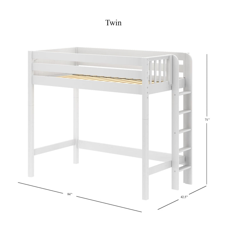 White wooden twin loft bed with guardrails and integrated ladder, slatted mattress support, modern kids' loft bed design, 84 in L × 42.5 in W × 71 in H