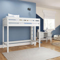 White wooden loft bed over a study desk in a modern kids bedroom with blue accent wall, hardwood floors, white roman shade, cozy rug and ladder