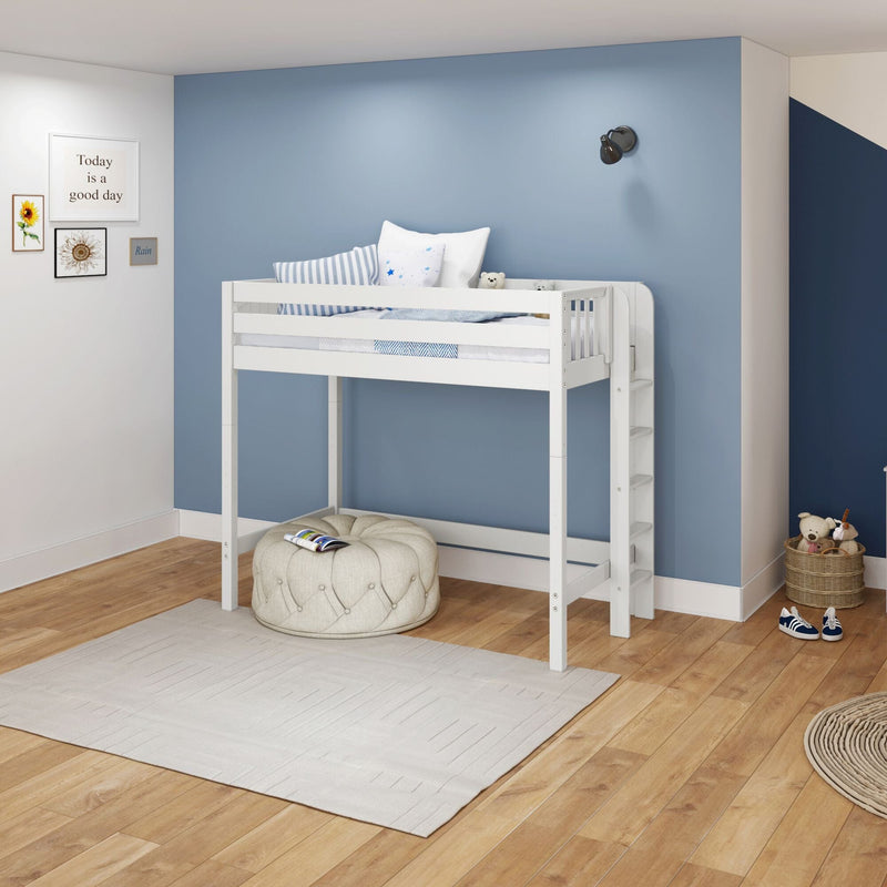 Modern kids' loft bed room with white loft bed, blue accent wall, striped pillows, framed "Today is a good day" wall art, hardwood floors and wicker toy basket
