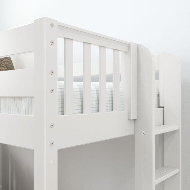 Close-up of white wooden bunk bed for kids with slatted safety rails, ladder steps and striped mattress sheet