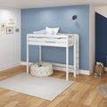 Kids loft bed with white frame in modern children's bedroom, blue accent wall, striped pillows, inspirational wall art, pouf and toy basket