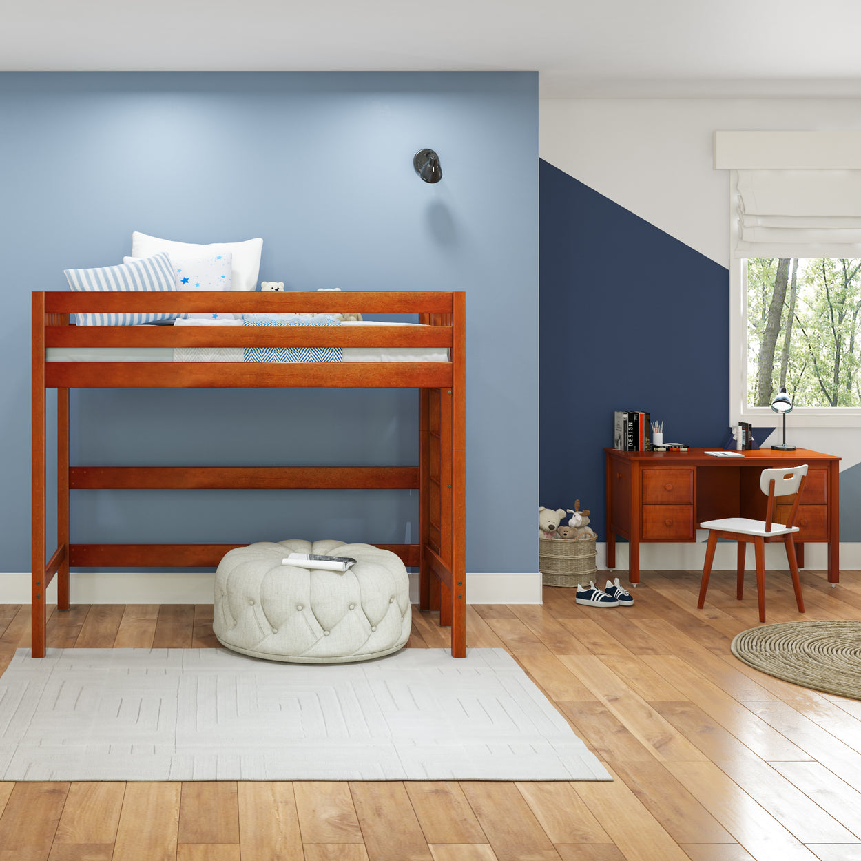 Stylish kids' bedroom with loft bed and study desk against blue walls.