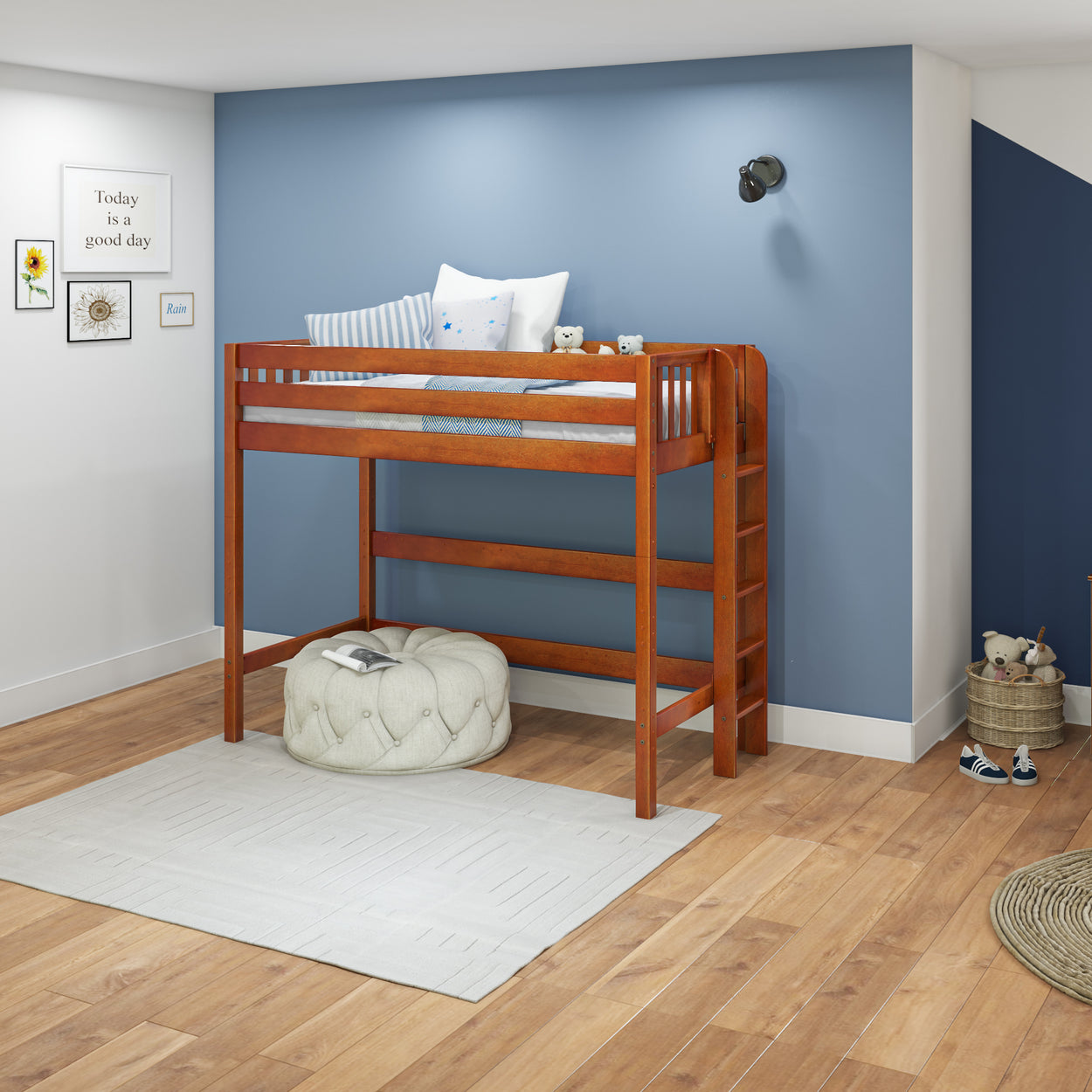 Kids' wooden loft bed in a modern bedroom with blue accent wall and wooden floor.