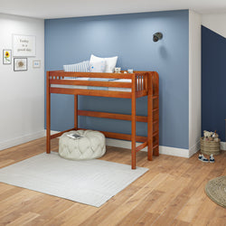 Kids' wooden loft bed in a modern bedroom with blue accent wall and wooden floor.