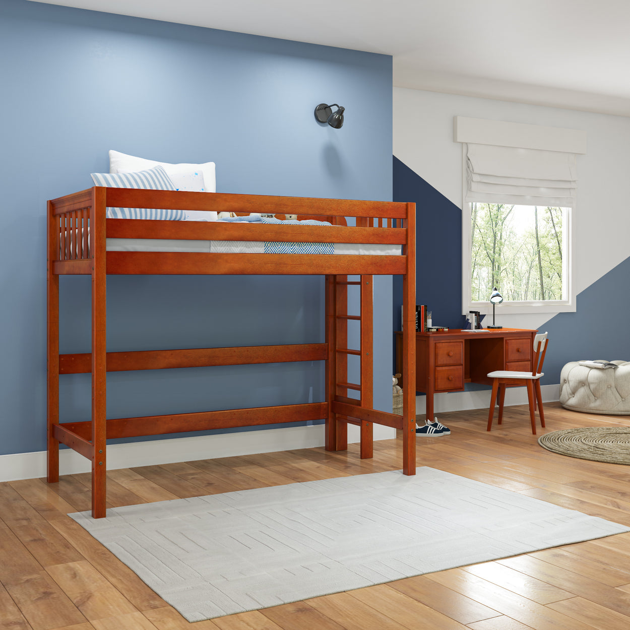 Wooden loft bunk bed in a modern children's room with blue walls and natural light.