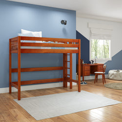 Wooden loft bunk bed in a modern children's room with blue walls and natural light.
