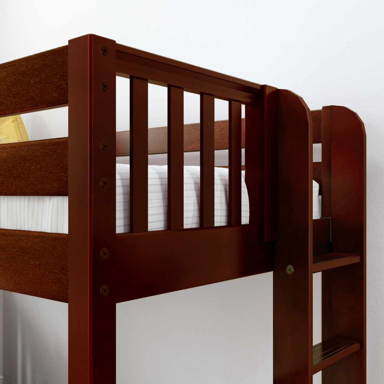Brown wooden bunk bed with ladder, featuring a white mattress and striped bedding.