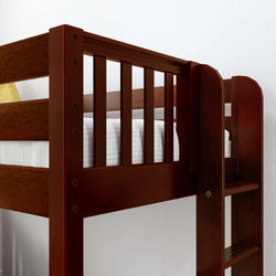 Brown wooden bunk bed with ladder, featuring a white mattress and striped bedding.