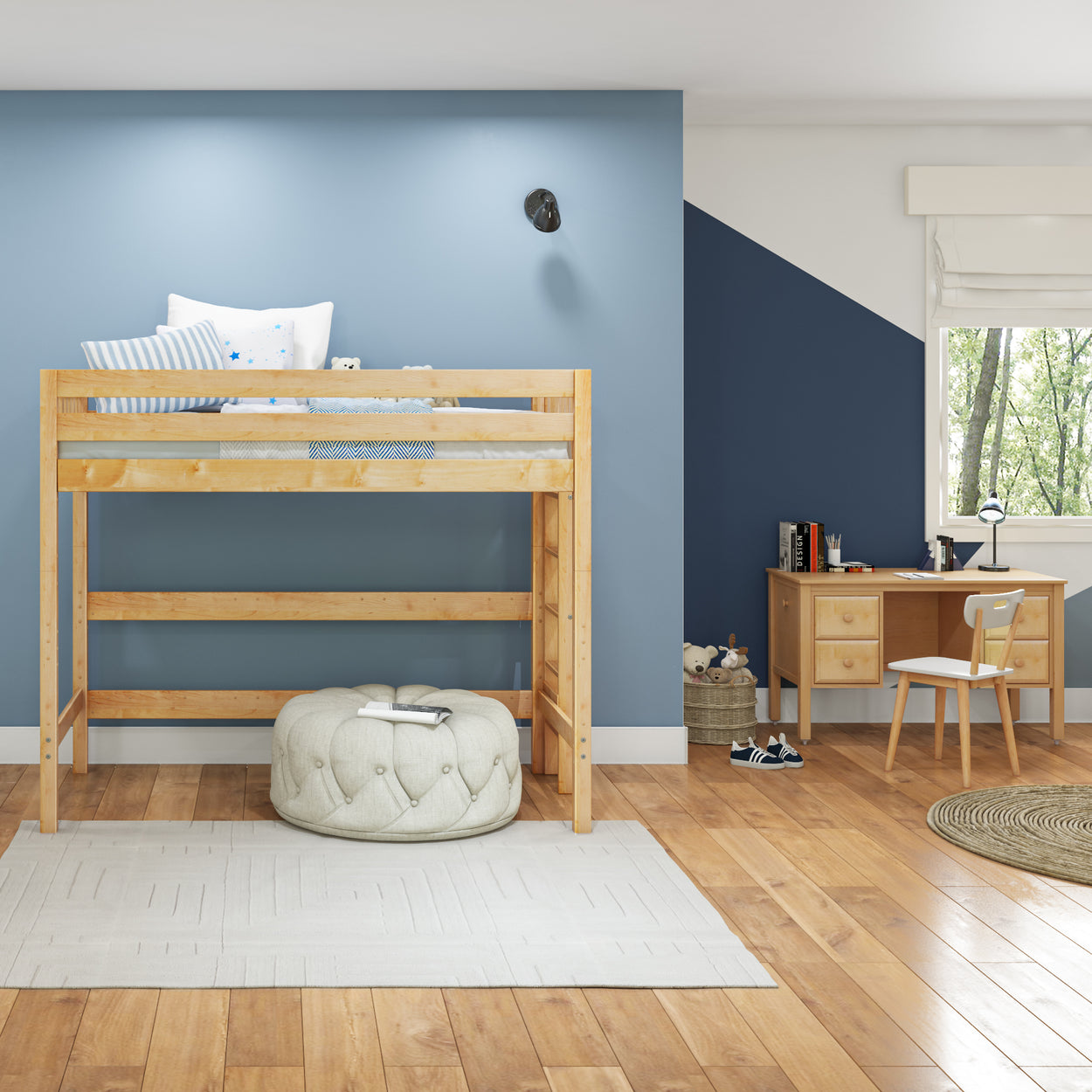 Wooden loft bed in a modern children's room with blue walls, a study desk, and a cozy reading area.