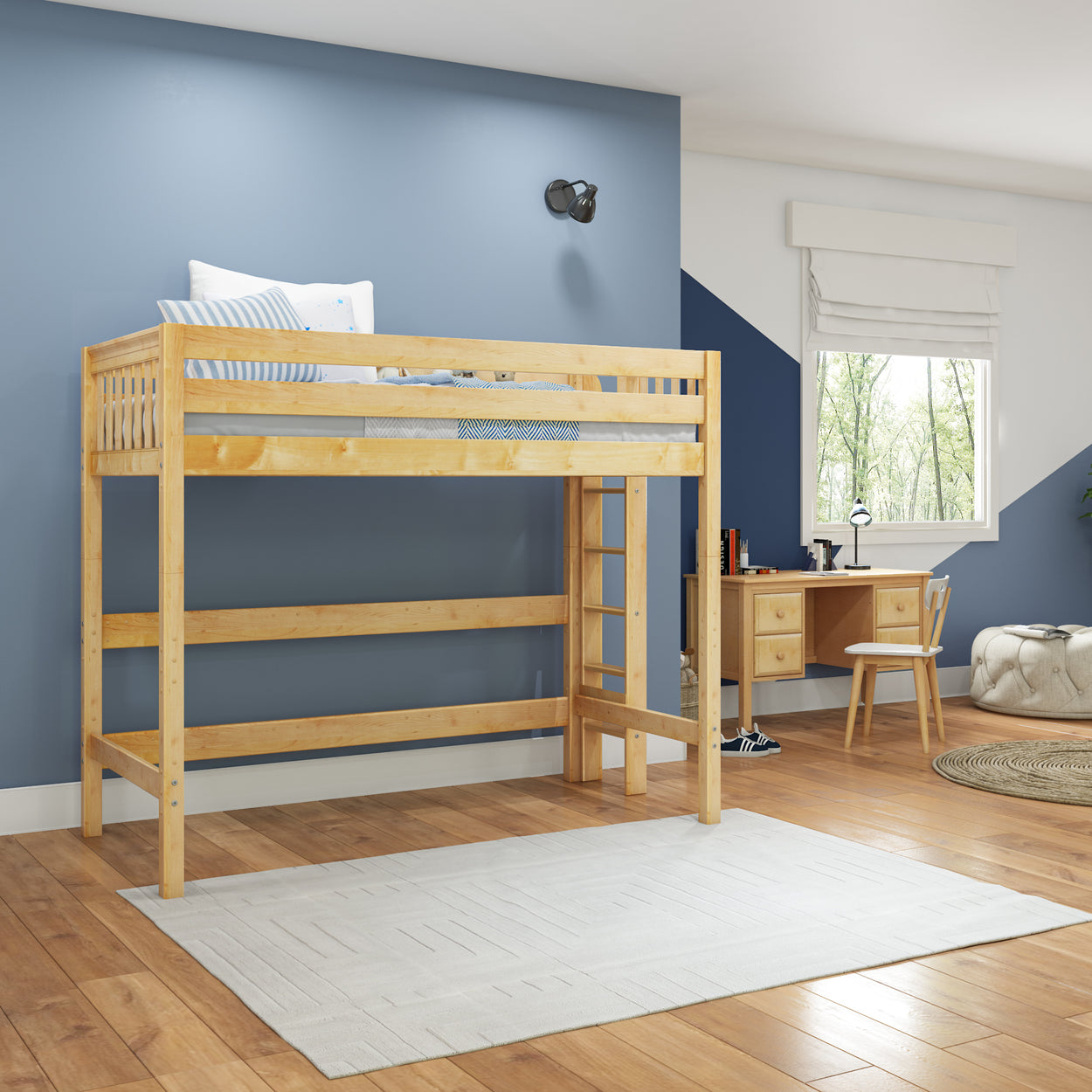 Loft bed with desk underneath in modern blue-themed bedroom setting.