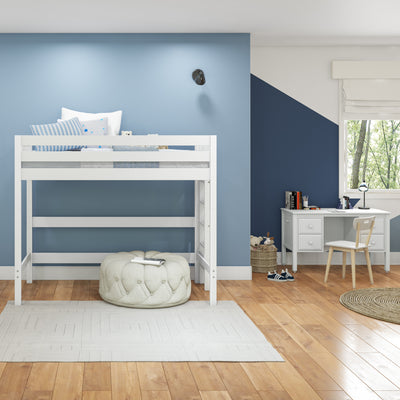 Stylish children's bedroom with blue accent wall, loft bed, study desk, and wooden flooring.