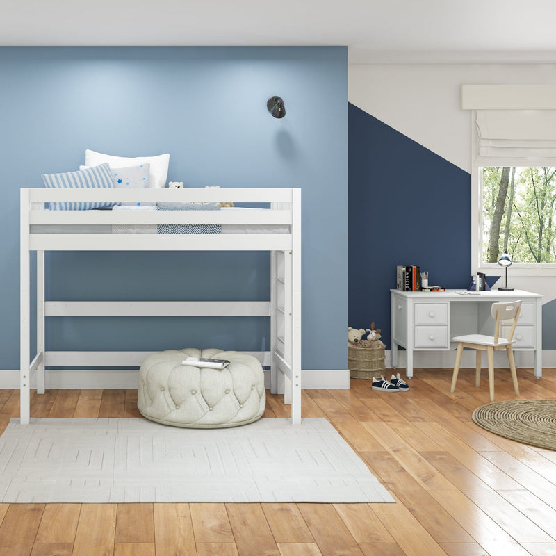 Modern children's bedroom with white bunk bed, light blue and navy accent walls, study desk by window, hardwood floors and toys