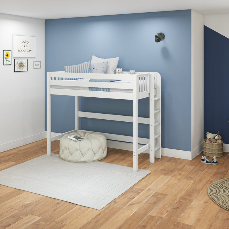 White loft bed with ladder against light blue accent wall in a modern kids' bedroom, striped and star pillows, stuffed animals, framed wall art, hardwood floors and woven toy basket — children's bedroom decor