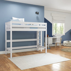 White wooden loft bunk bed in a modern blue kids bedroom with study desk, window, striped pillows and hardwood floors