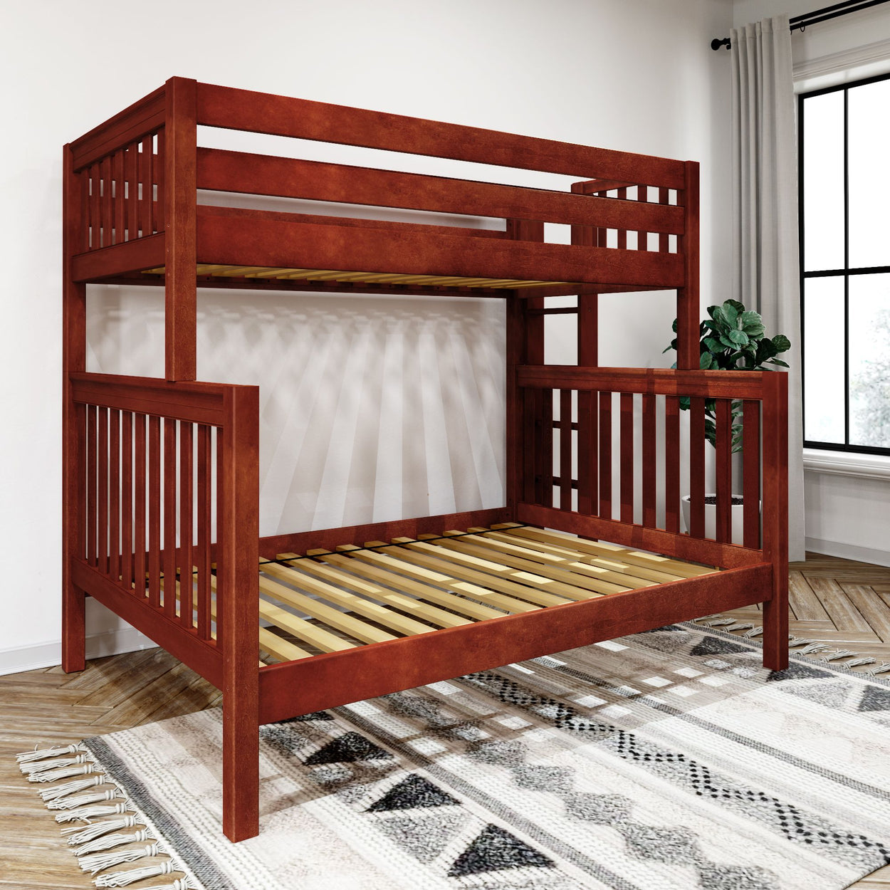 Wooden bunk bed frame with slatted design in modern bedroom setting.