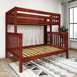 Wooden bunk bed frame with slatted design in modern bedroom setting.