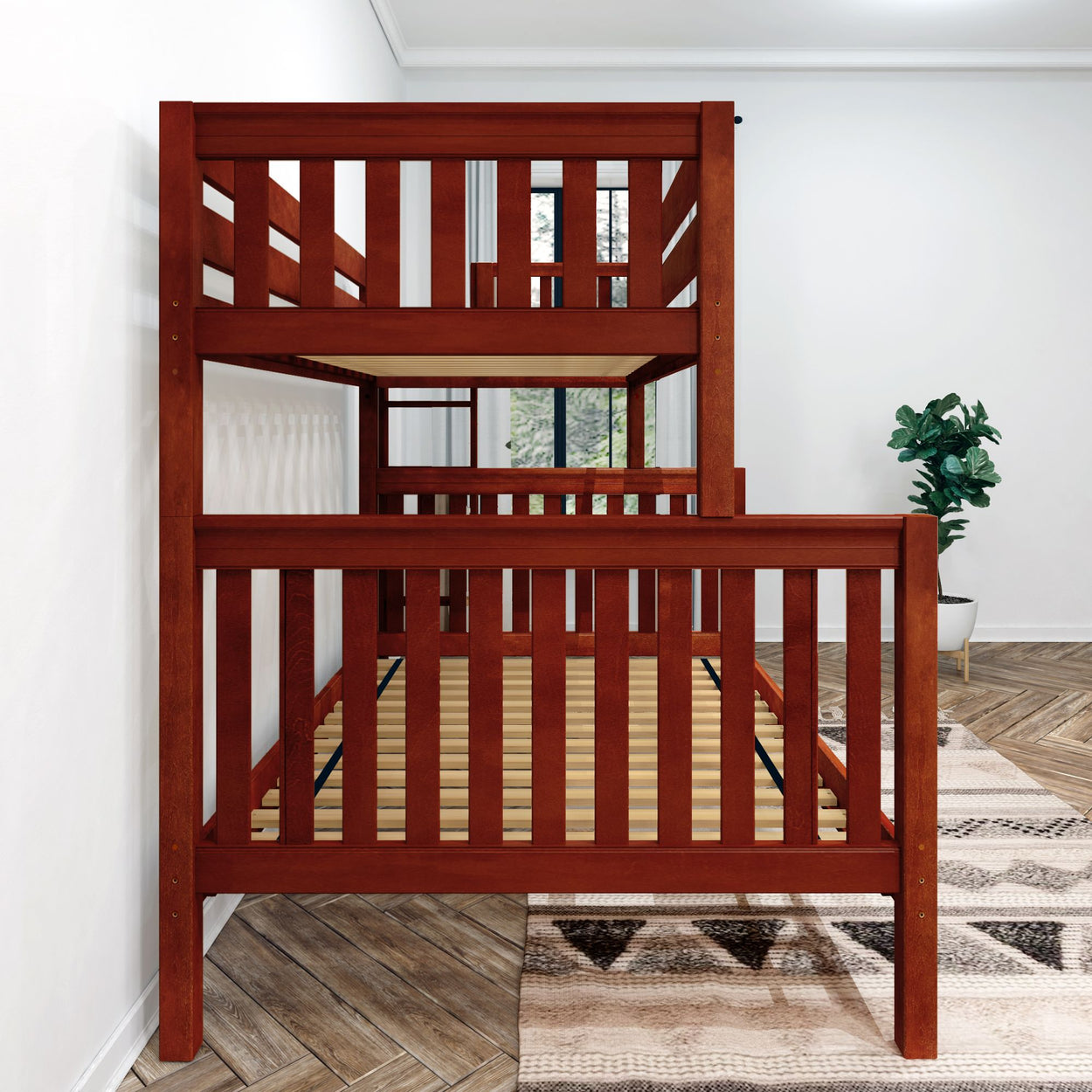 Stylish wooden bunk bed in a modern bedroom with hardwood floors and decorative plant.