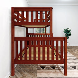 Stylish wooden bunk bed in a modern bedroom with hardwood floors and decorative plant.