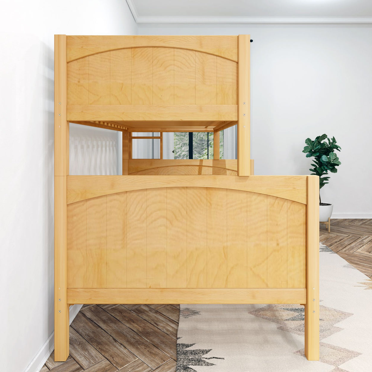 Simple wooden bunk bed in bright bedroom, featuring natural wood finish and contemporary design.