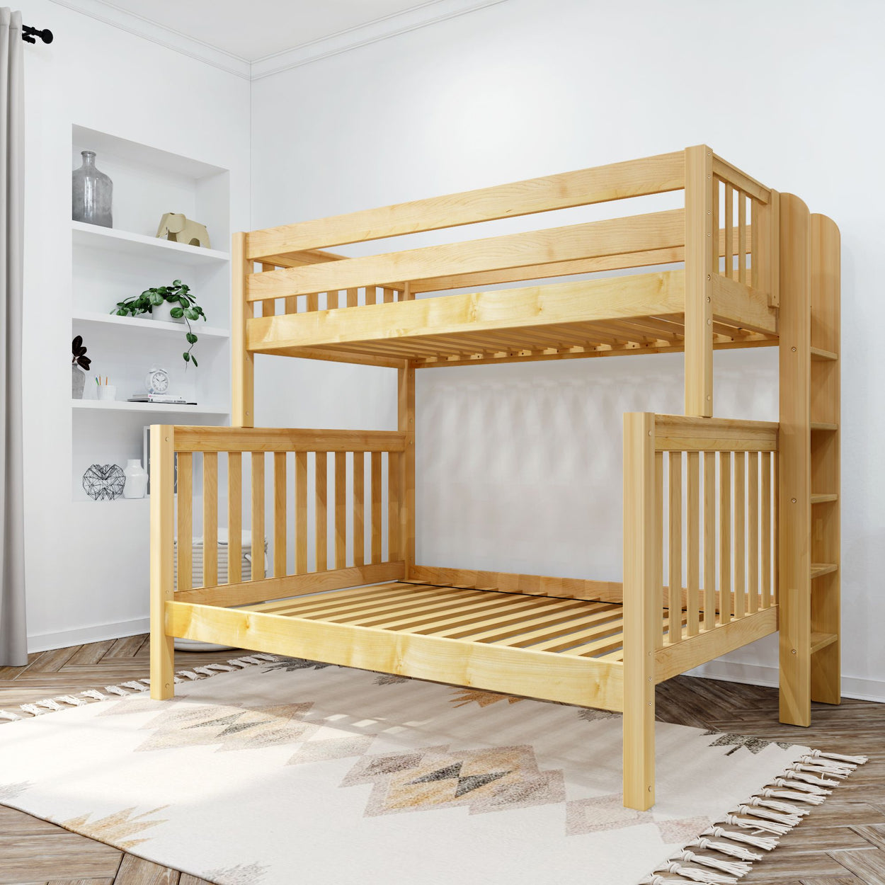 Wooden bunk bed in modern bedroom interior with white walls and decorative shelves.