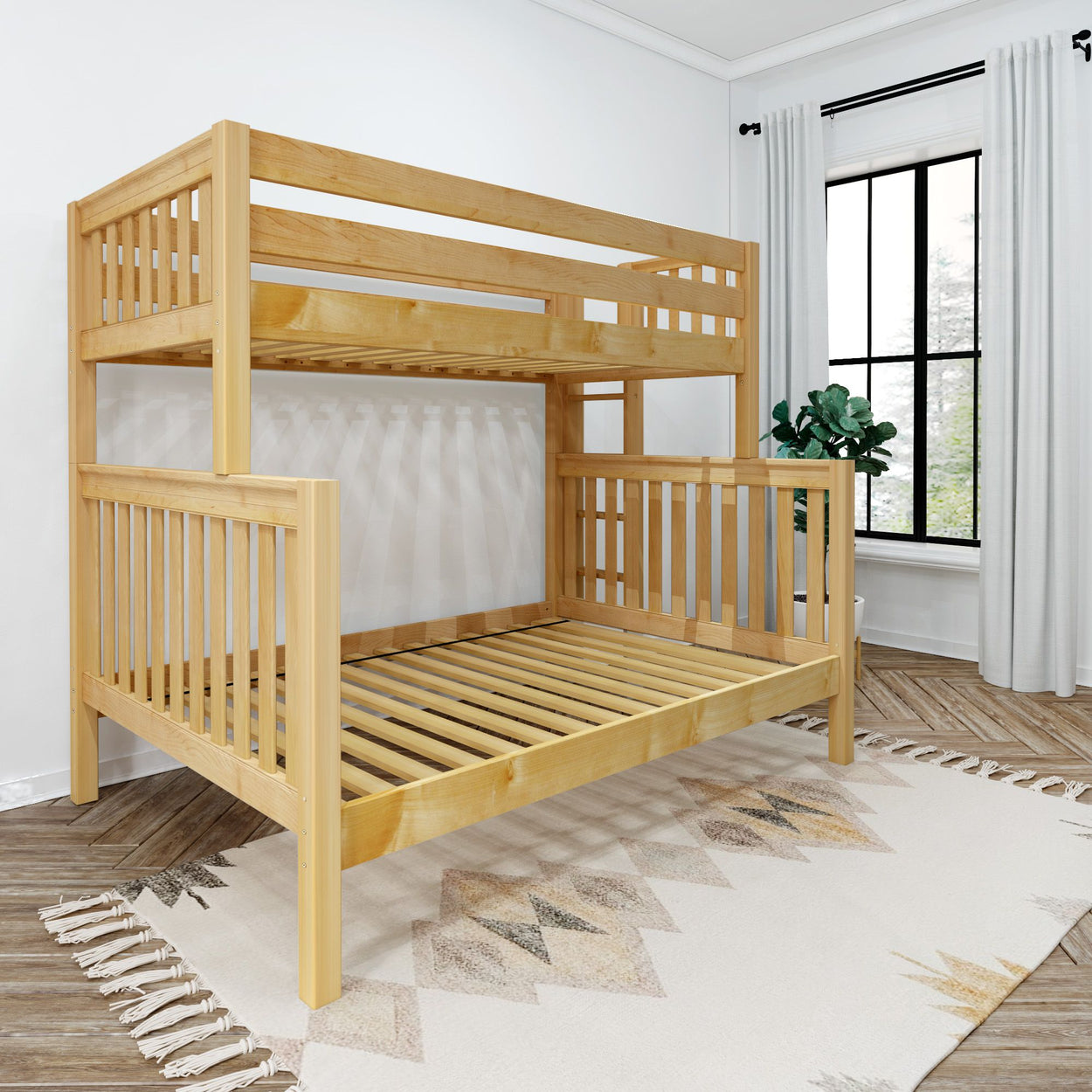 Wooden bunk bed frame in a bright, modern bedroom with natural light from a large window.