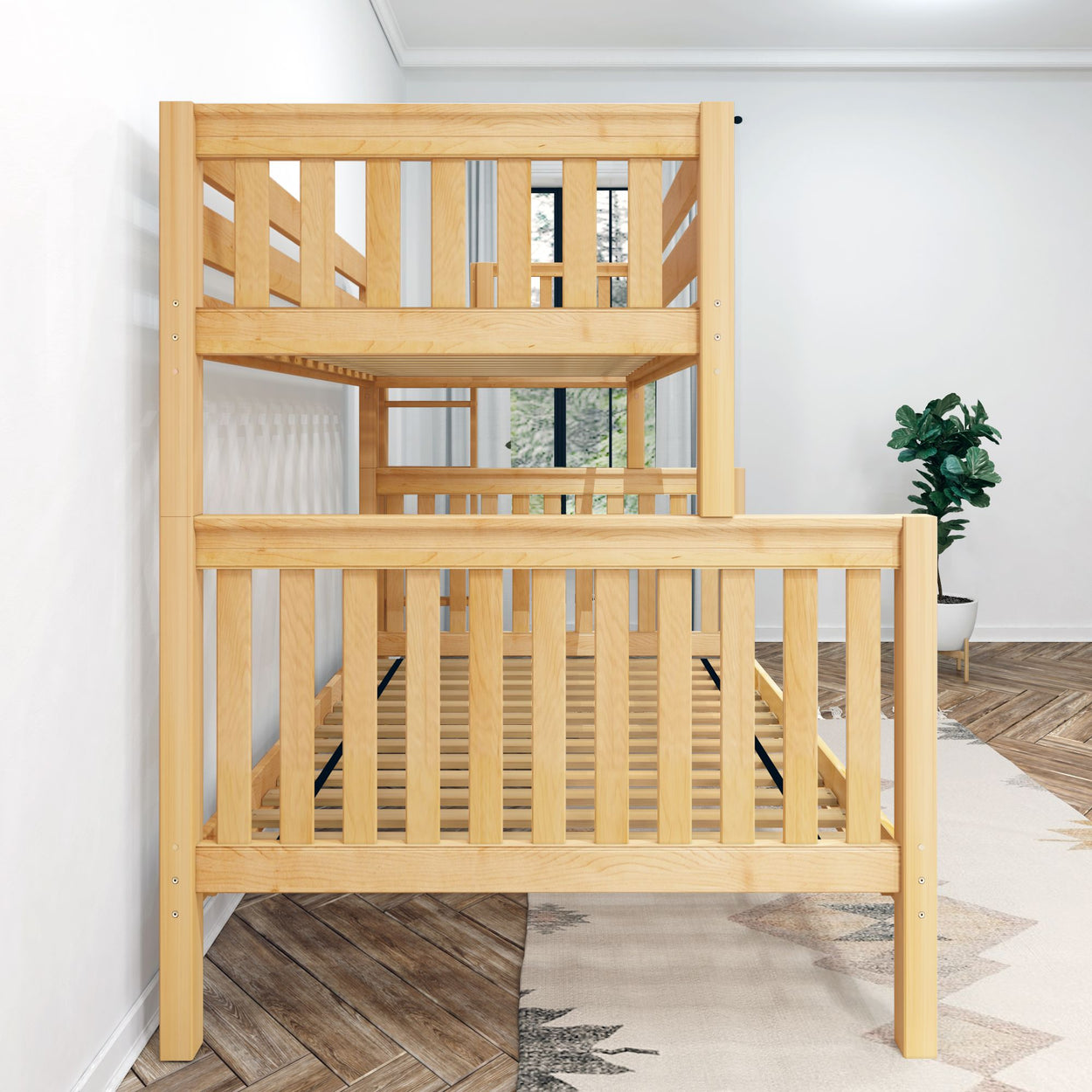 Wooden triple bunk bed in bright room with plant and window.