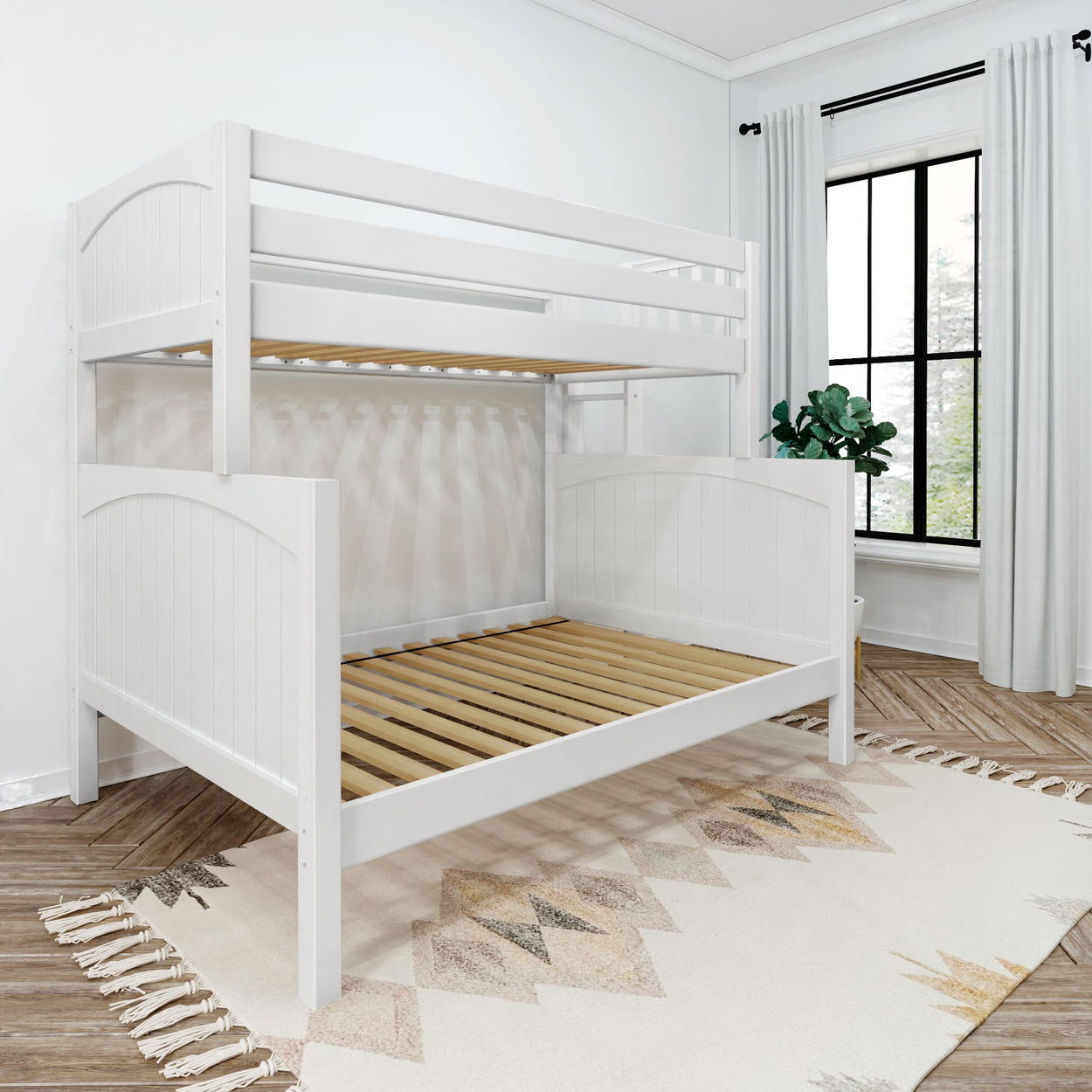 White wooden bunk bed frame in a bright bedroom with large window and decorative rug.