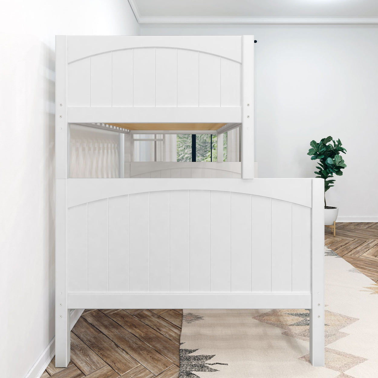 White wooden bunk bed in a modern bedroom with natural light and a potted plant.
